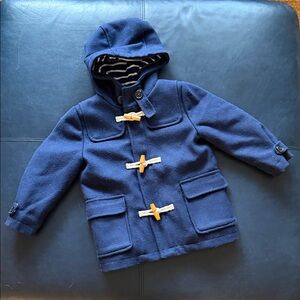 Mini Boden Navy Hooded Toggle Pea Coat with Stripe Lining